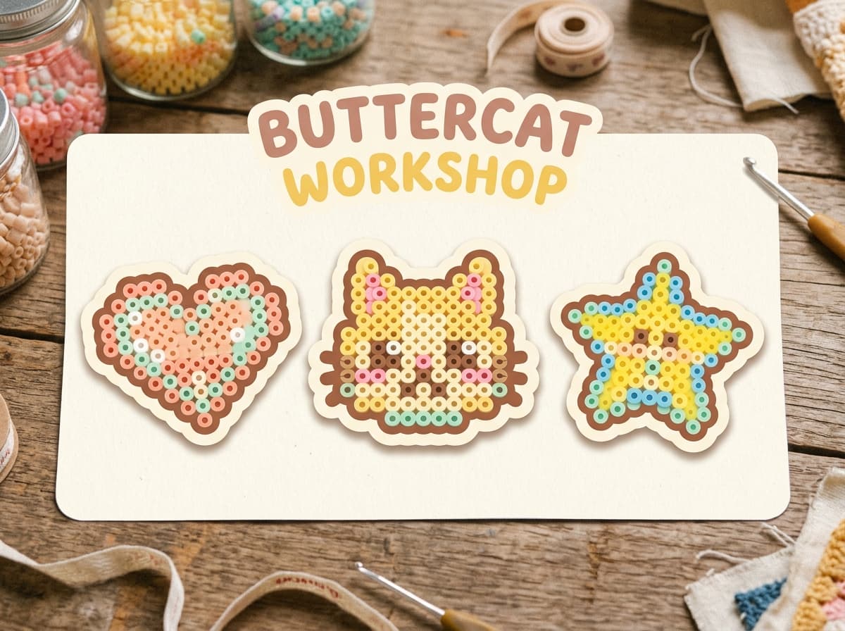 Minh hoạ ButterCat Workshop với bàn xếp hạt nhựa ủi và thành phẩm dễ thương